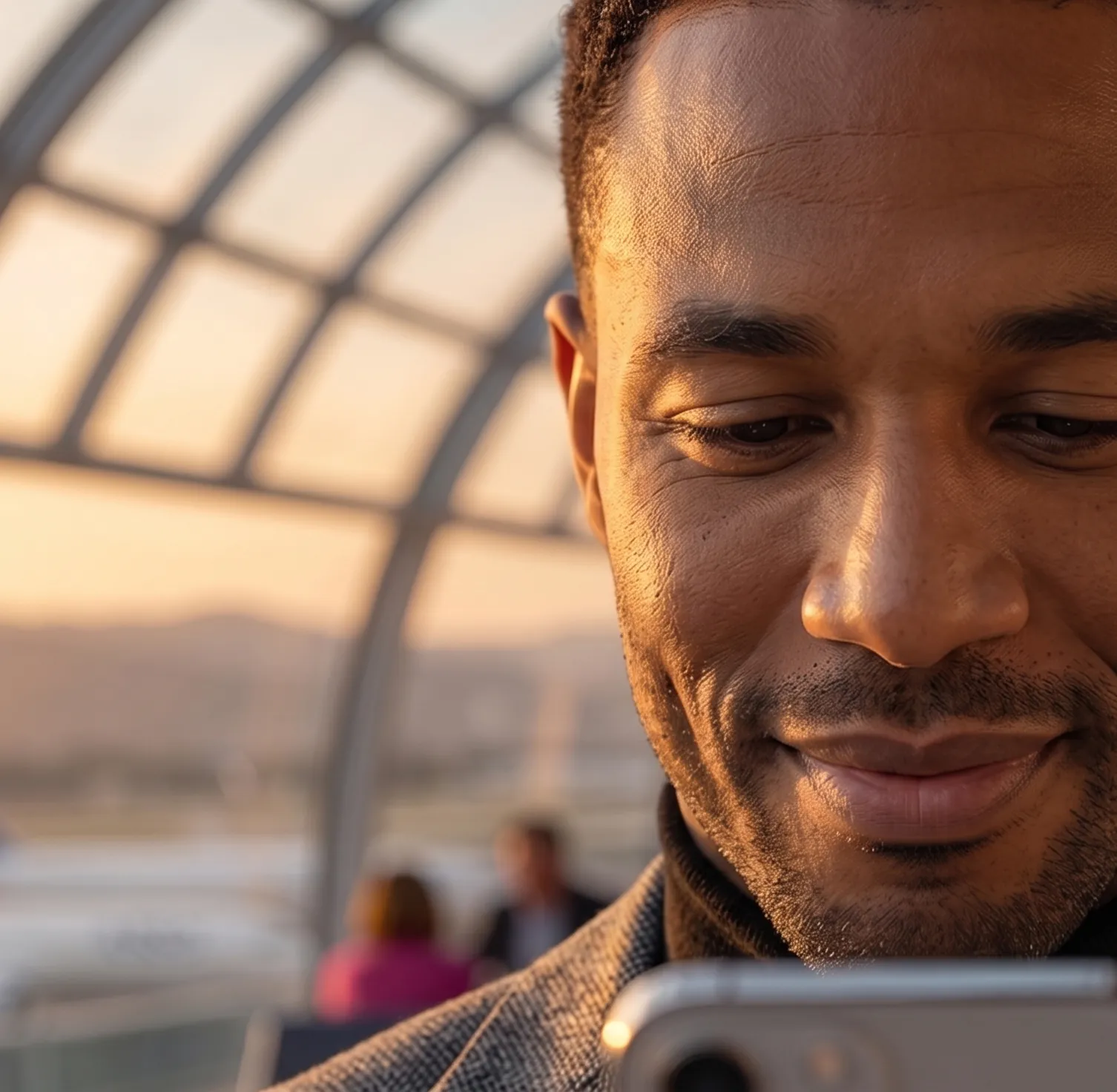 A traveller smiling at an updated reservation on his phone