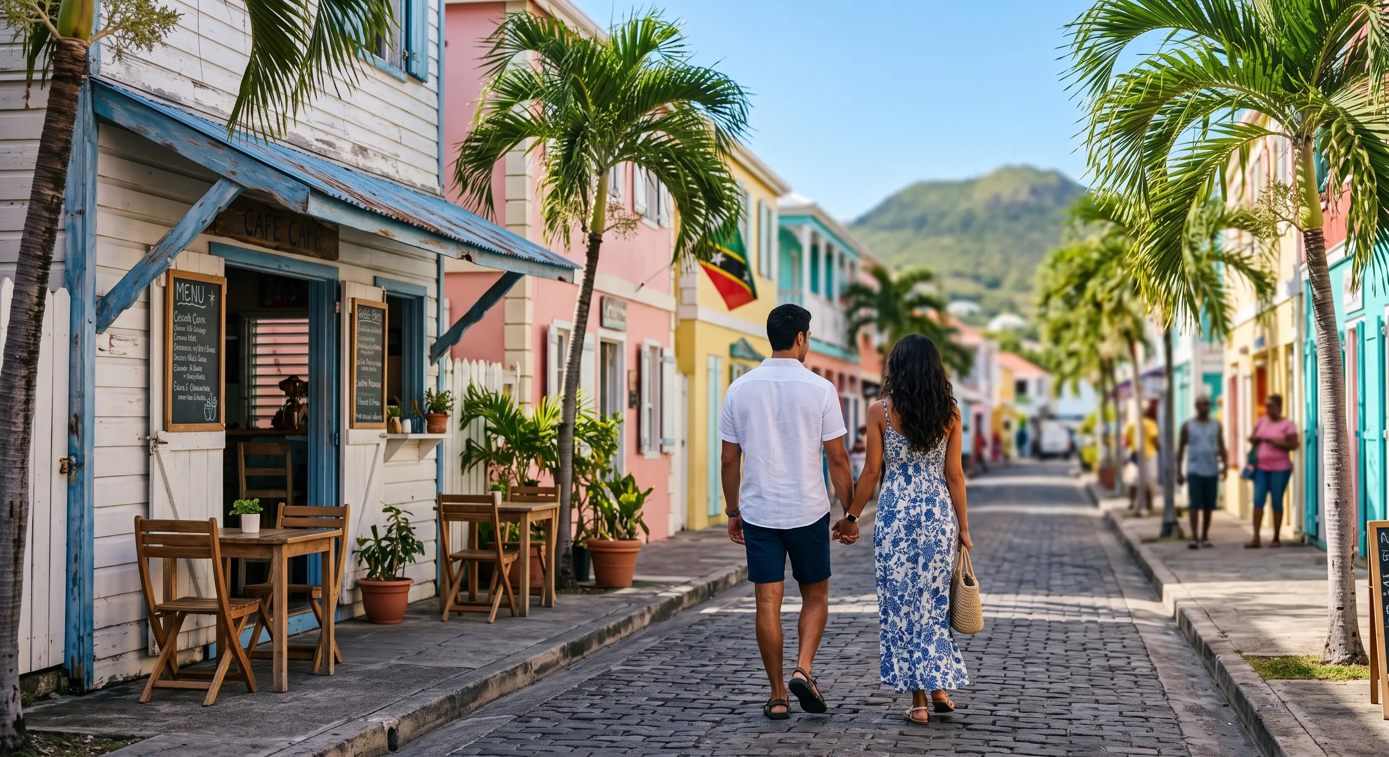 A couple strolling a Caribbean port street on their shore-day walking tour