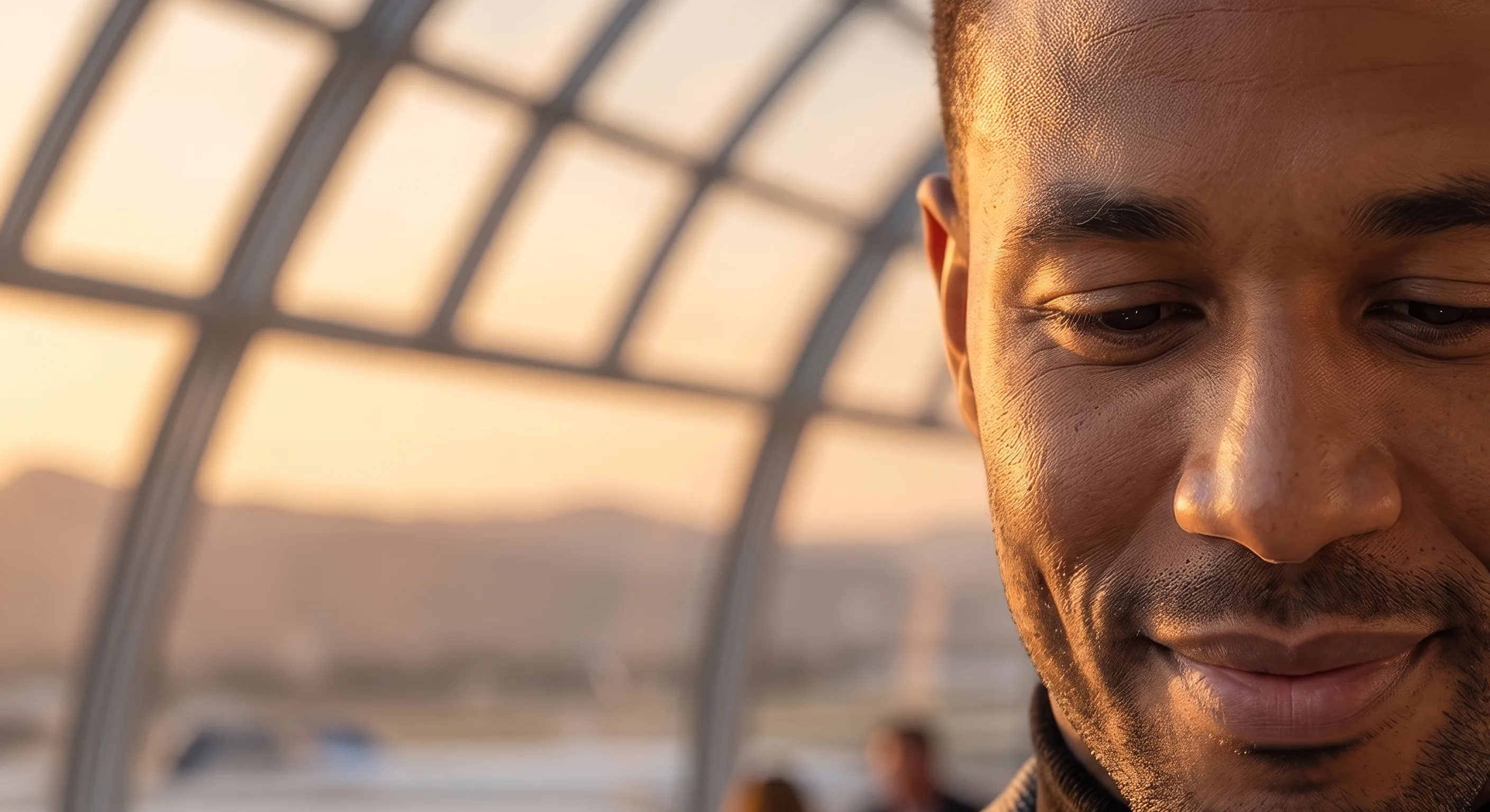 A traveller at the gate reading his phone as the light comes in