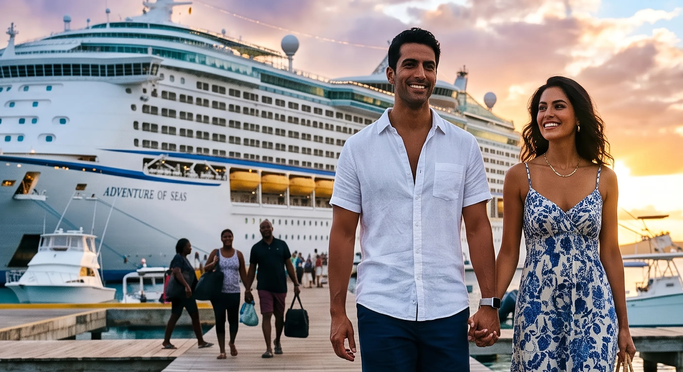 A couple walking down the pier from their cruise ship