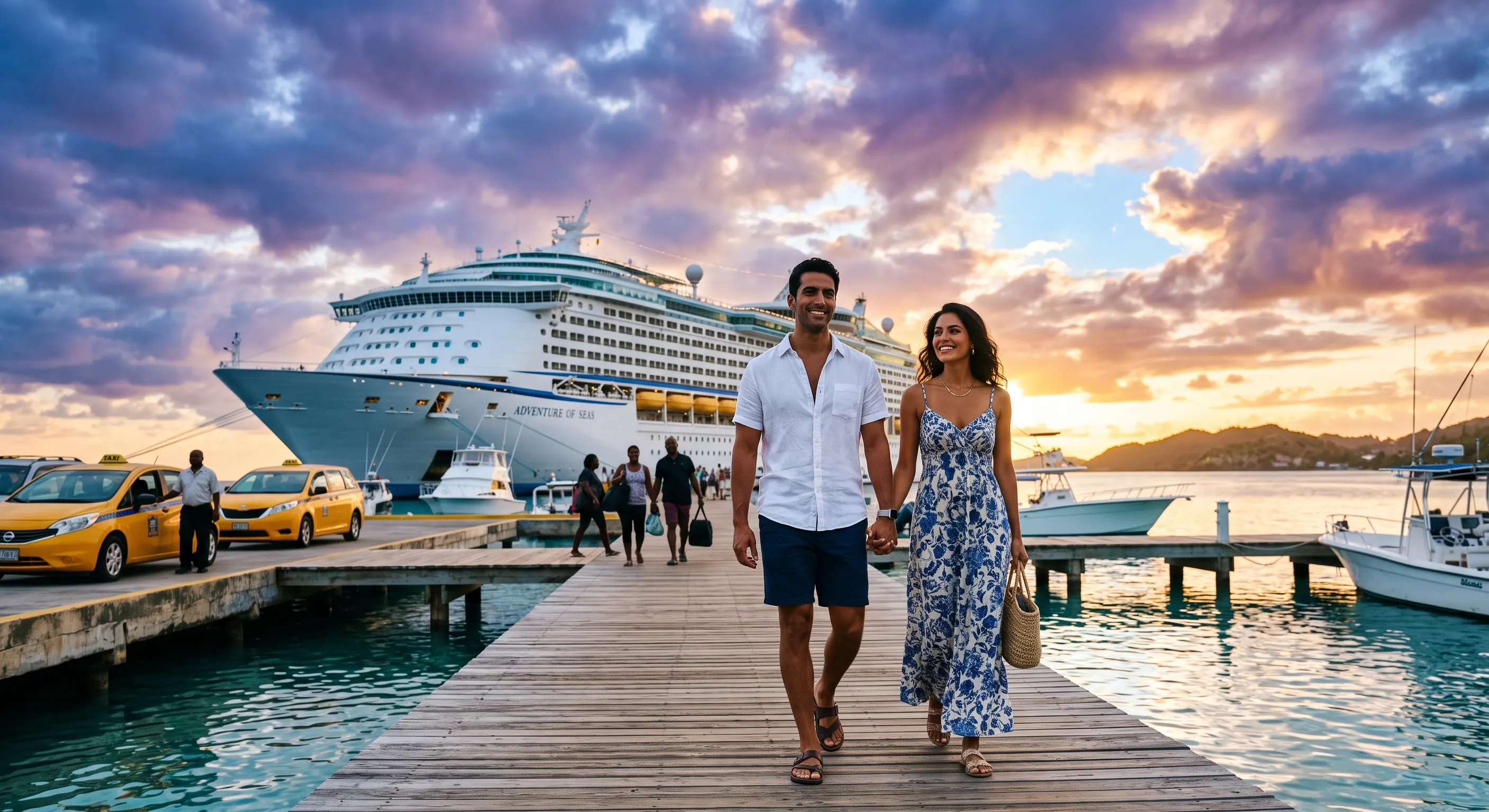 A couple heading down the pier past their cruise ship