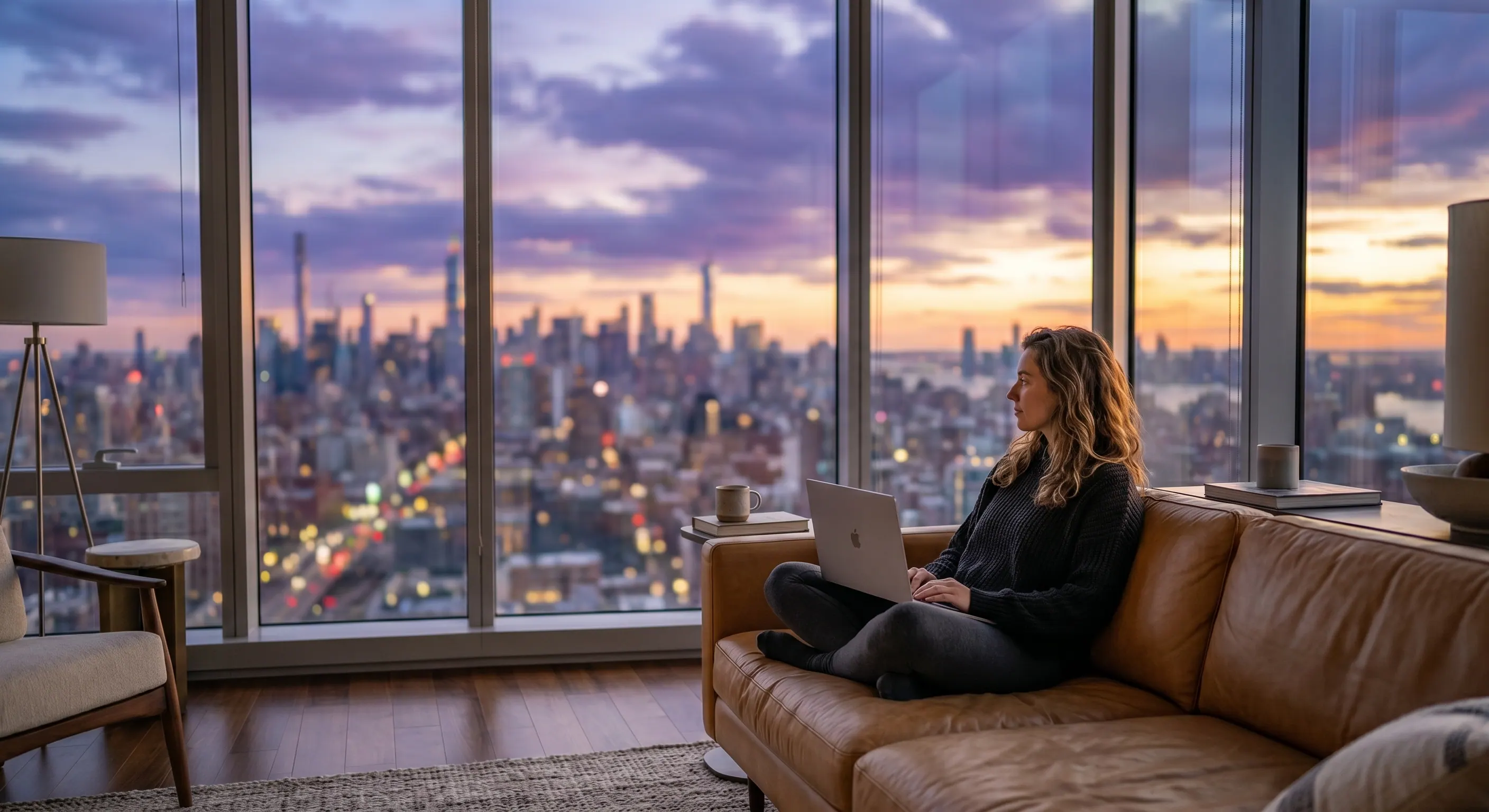 A traveller planning a trip from a city apartment